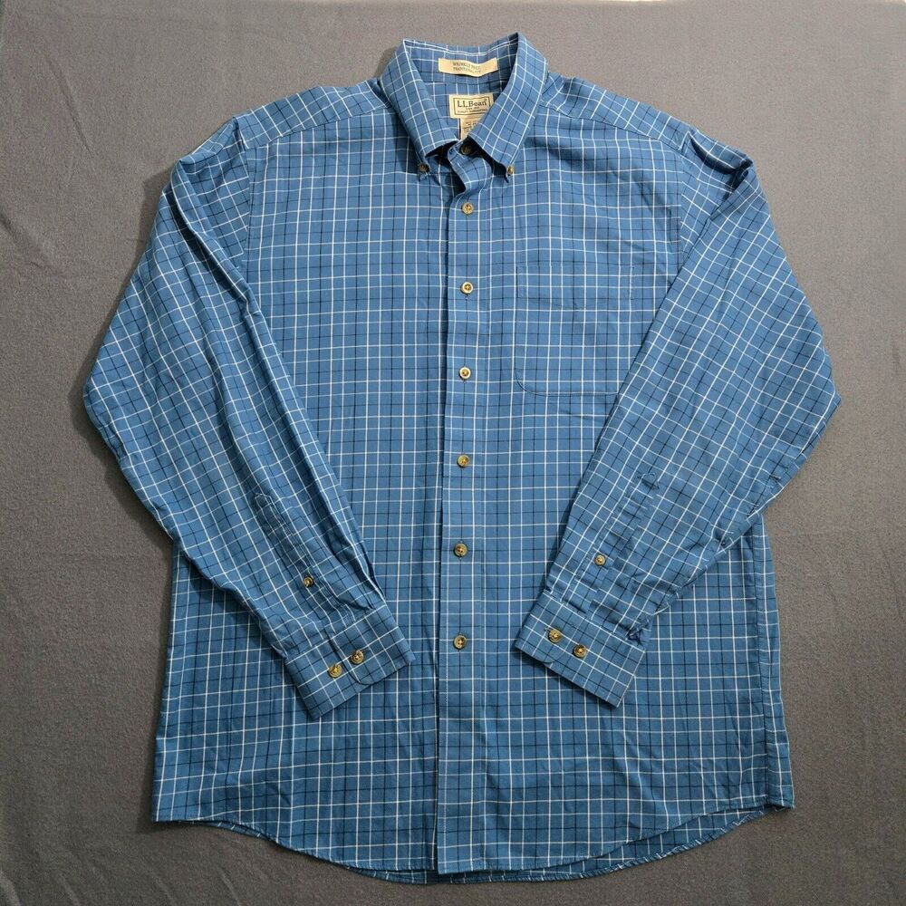 L.L. Bean Top Men M Blue Check Wrinkle Free Traditional Fit Button Down Shirt